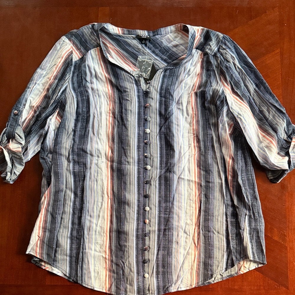 Torrid Navy, White & Coral Striped Button Down Shirt